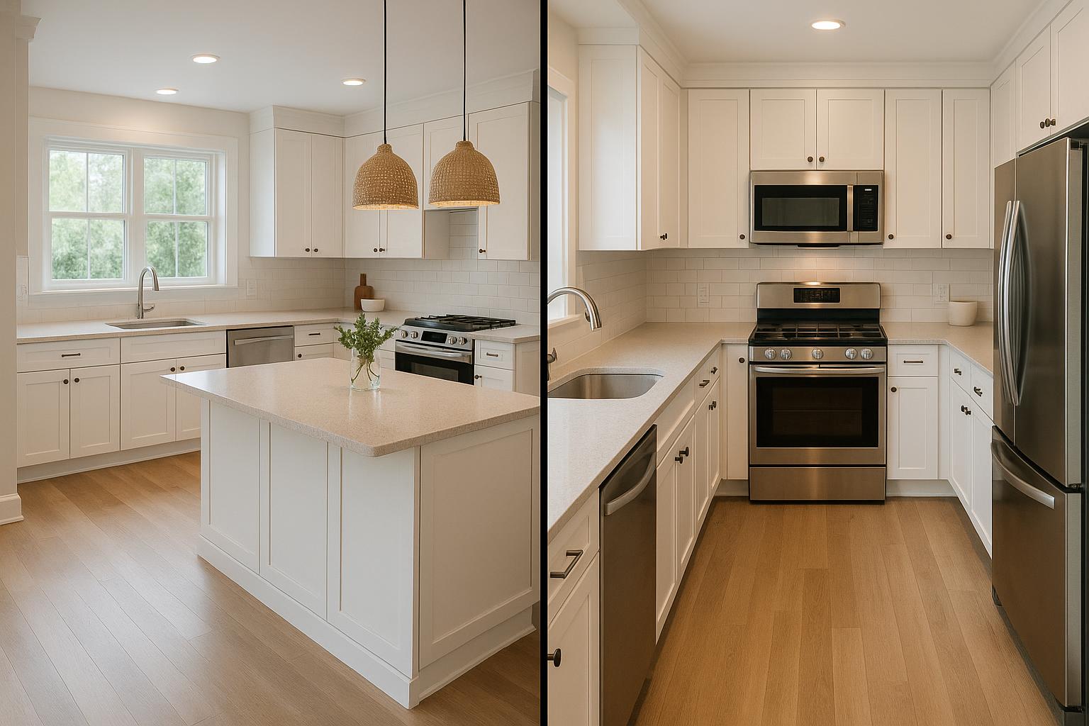 Stock photo of modern L-shaped and U-shaped kitchens highlighting their layouts, materials, and storage solutions, with no people present.