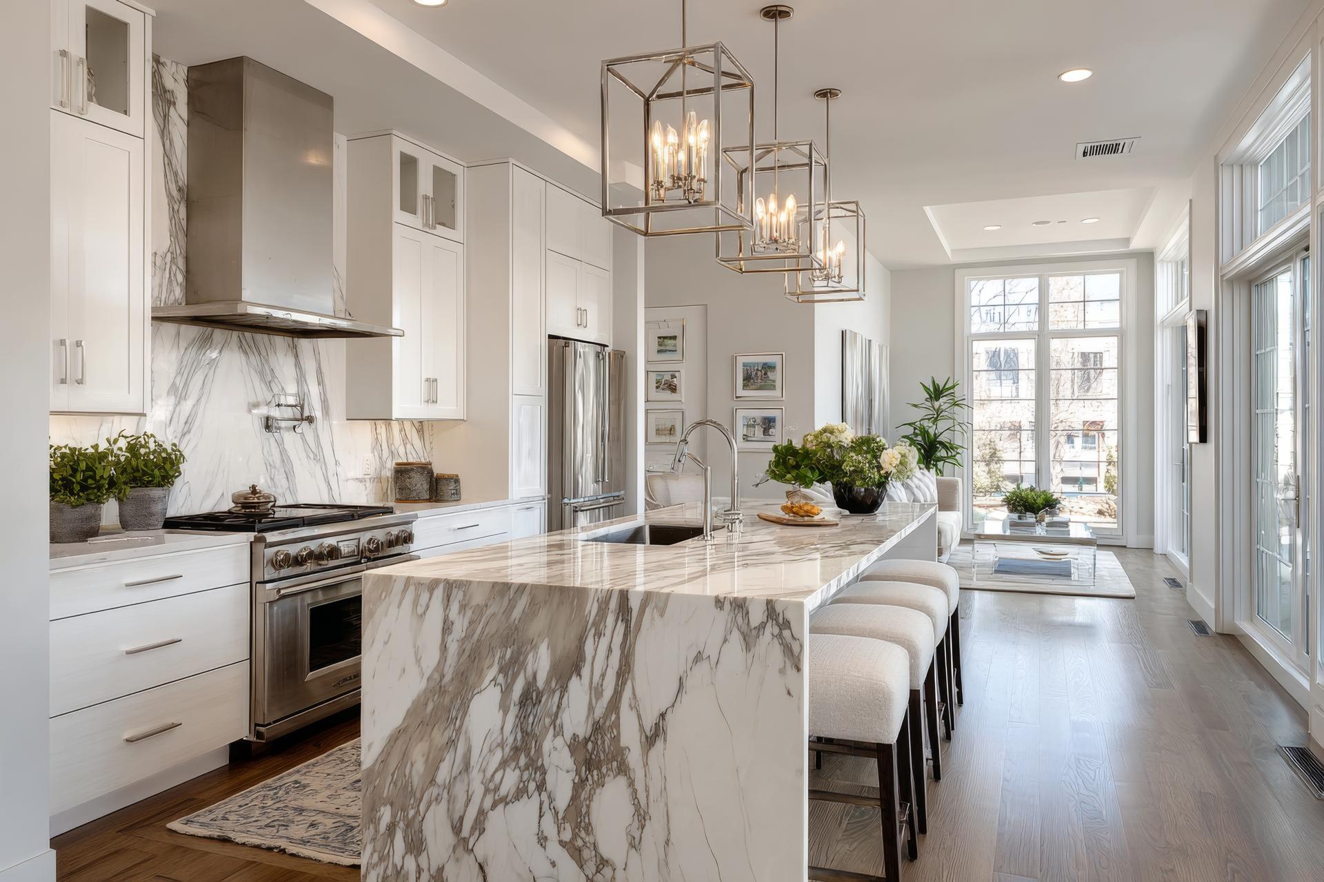 A kitchen with marble counter tops and a large island
