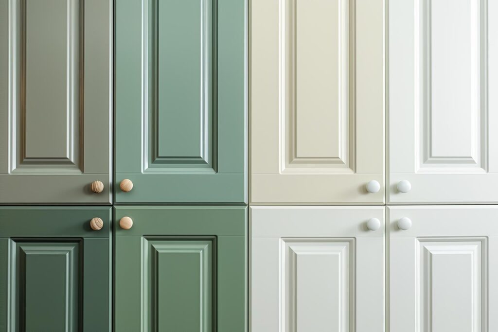 Cabinet door samples market in a row. Green Kitchen wooden cabinet door, brass door handles, furniture isolated on white. Chic look in the room. Trendy interior units. Home improvement concept.