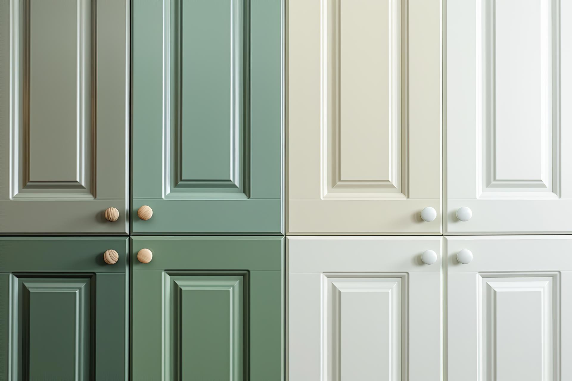 Cabinet door samples market in a row. Green Kitchen wooden cabinet door, brass door handles, furniture isolated on white. Chic look in the room. Trendy interior units. Home improvement concept.