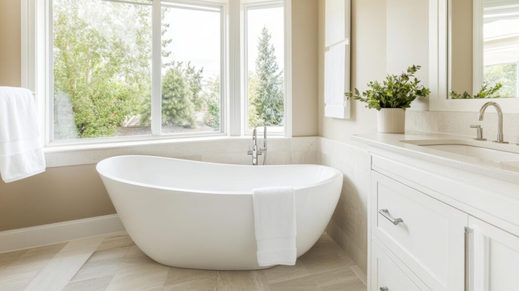 Modern bathroom featuring a freestanding tub and large windows with a scenic view