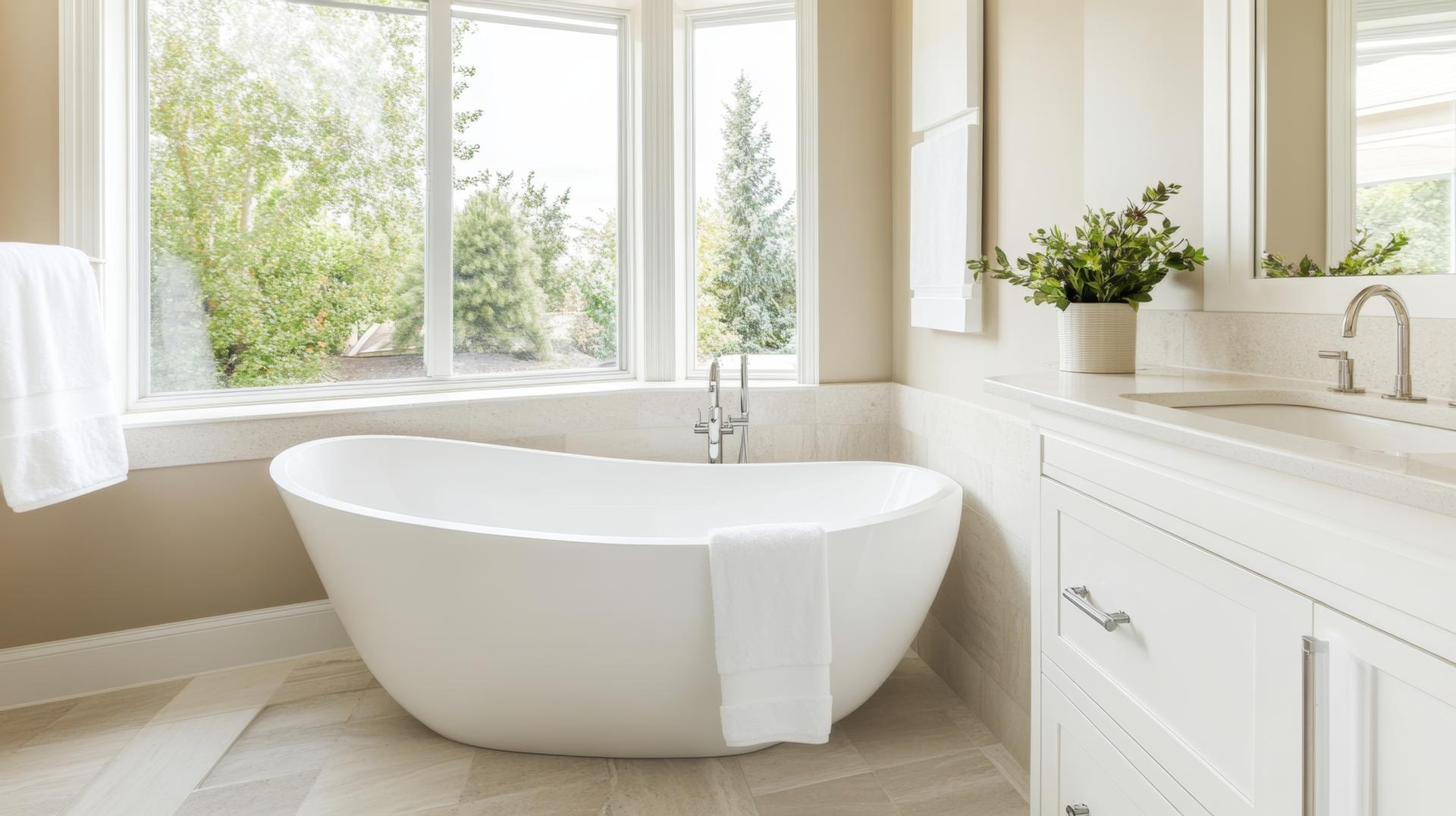 Modern bathroom featuring a freestanding tub and large windows with a scenic view