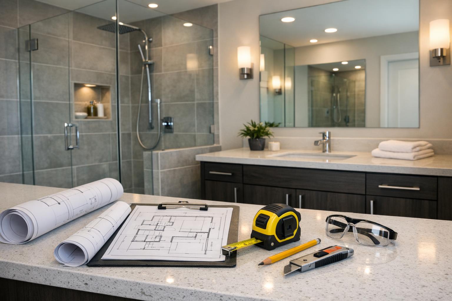 A modern bathroom under renovation in Castle Rock, Colorado, featuring construction tools, new tile, and a glass shower enclosure—no people visible.