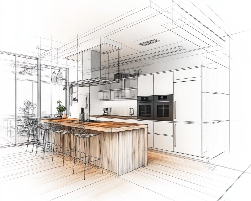 Modern Kitchen Design Rendering with Island and Appliances