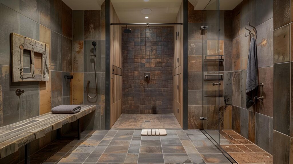 Spacious and Luxurious Bathroom With Tiled Walls, Glass Shower, and Wooden Vanity Providing Elegant and Contemporary Design