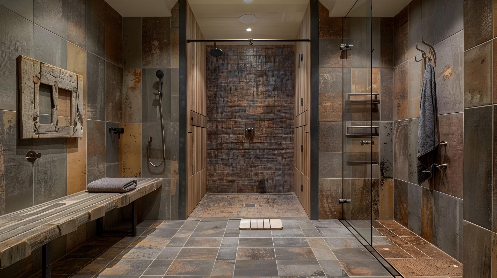 Spacious and Luxurious Bathroom With Tiled Walls, Glass Shower, and Wooden Vanity Providing Elegant and Contemporary Design
